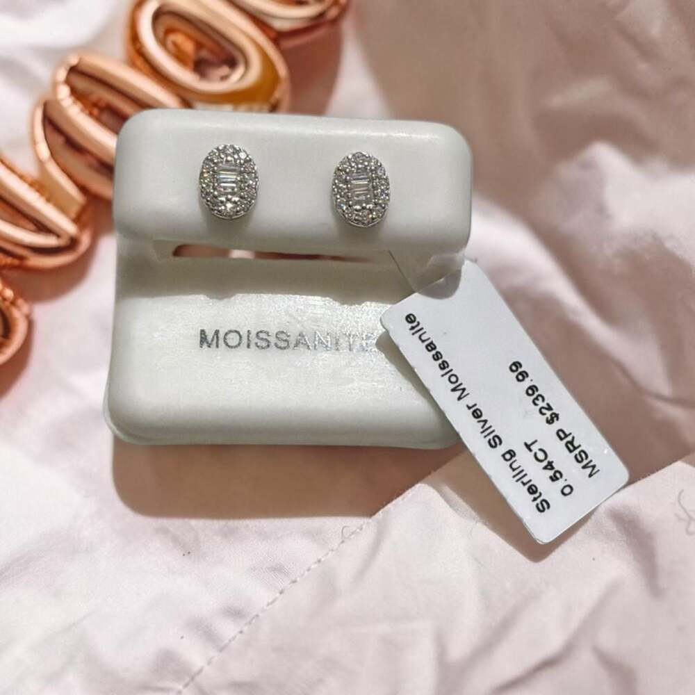 Sterling Silver Moissanite Oval Baguette Halo Stud Earrings 0.54 CT